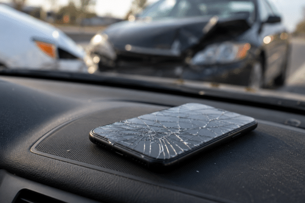 Pantalla de teléfono agrietada en el salpicadero de un coche tras un accidente por conducción distraída en Newport Beach.