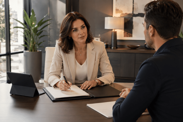 A Phoenix freeway accident lawyer meeting with a client to discuss an injury claim after a high-speed crash on I-10.