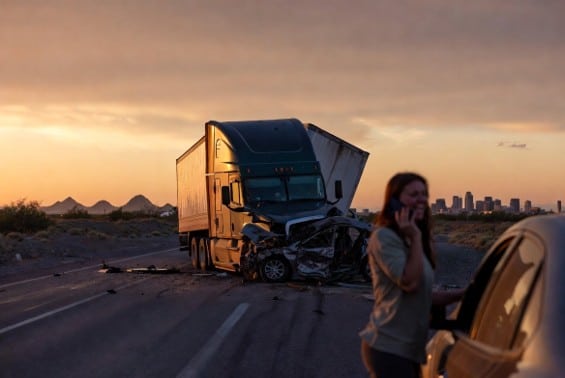 Mujer llamando a un abogado de accidentes de camiones en Phoenix tras una colisión entre un camión y un coche en la carretera.