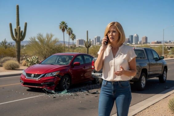 Persona hablando por teléfono tras un accidente de coche en Phoenix con vehículos dañados al fondo.